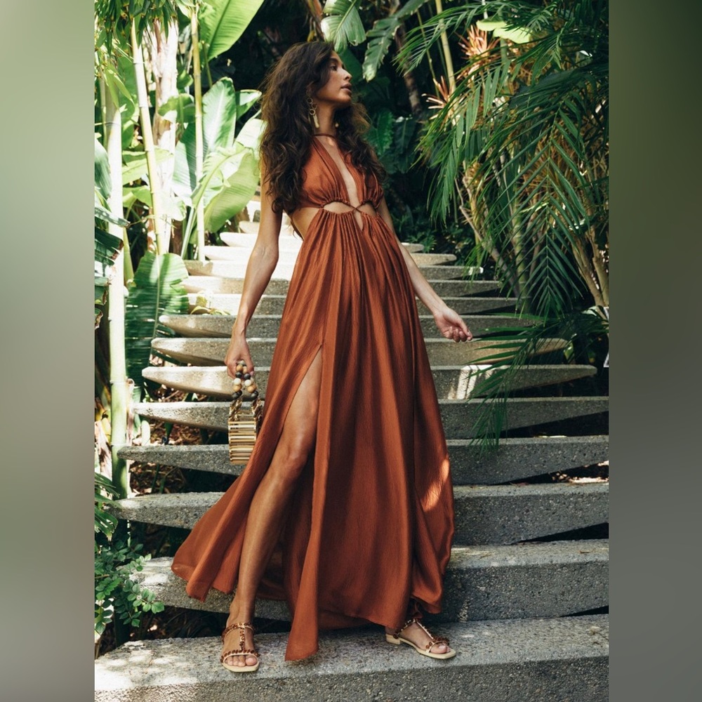 Cult Gaia Orange Amber Thera Cut-Out Maxi Dress Gown, Size Large - Picture 5 of 11